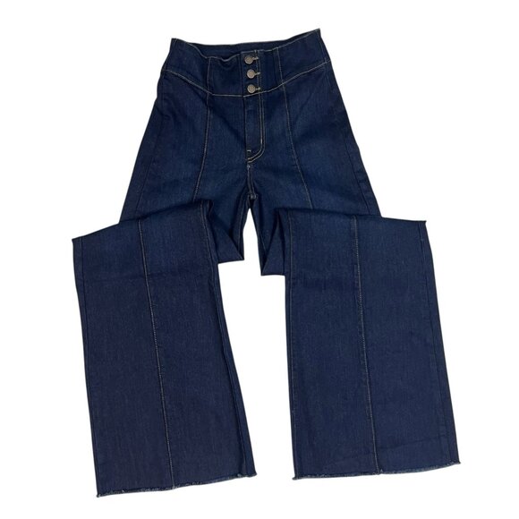 O2 Denim Front Seam Wide Leg Jeans Size 27 Trouser High Rise Dark Wash PW508 - Picture 2 of 12